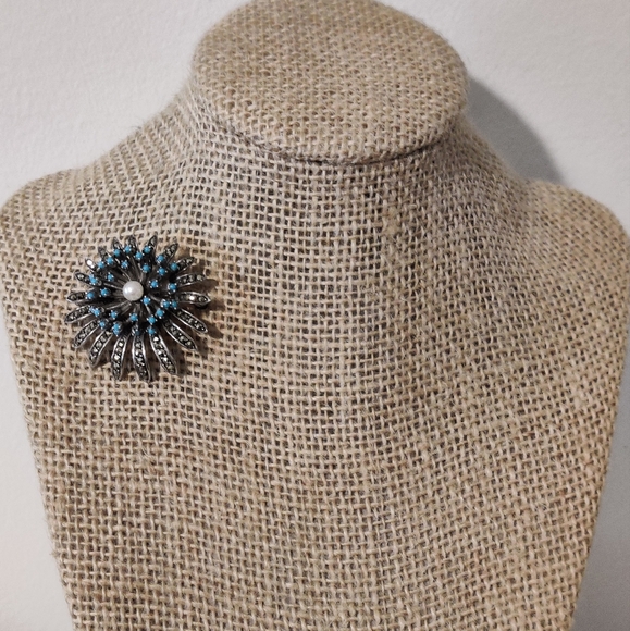 Vintage 60s Germany Silver 935 Chrysanthemum Flower Marcasite Brooch - Picture 5 of 16